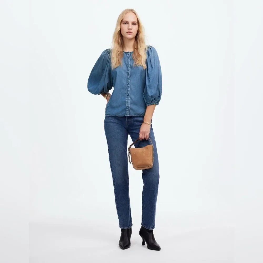 NWT Madewell Denim Puff-Sleeve Button-Up Top Size 12